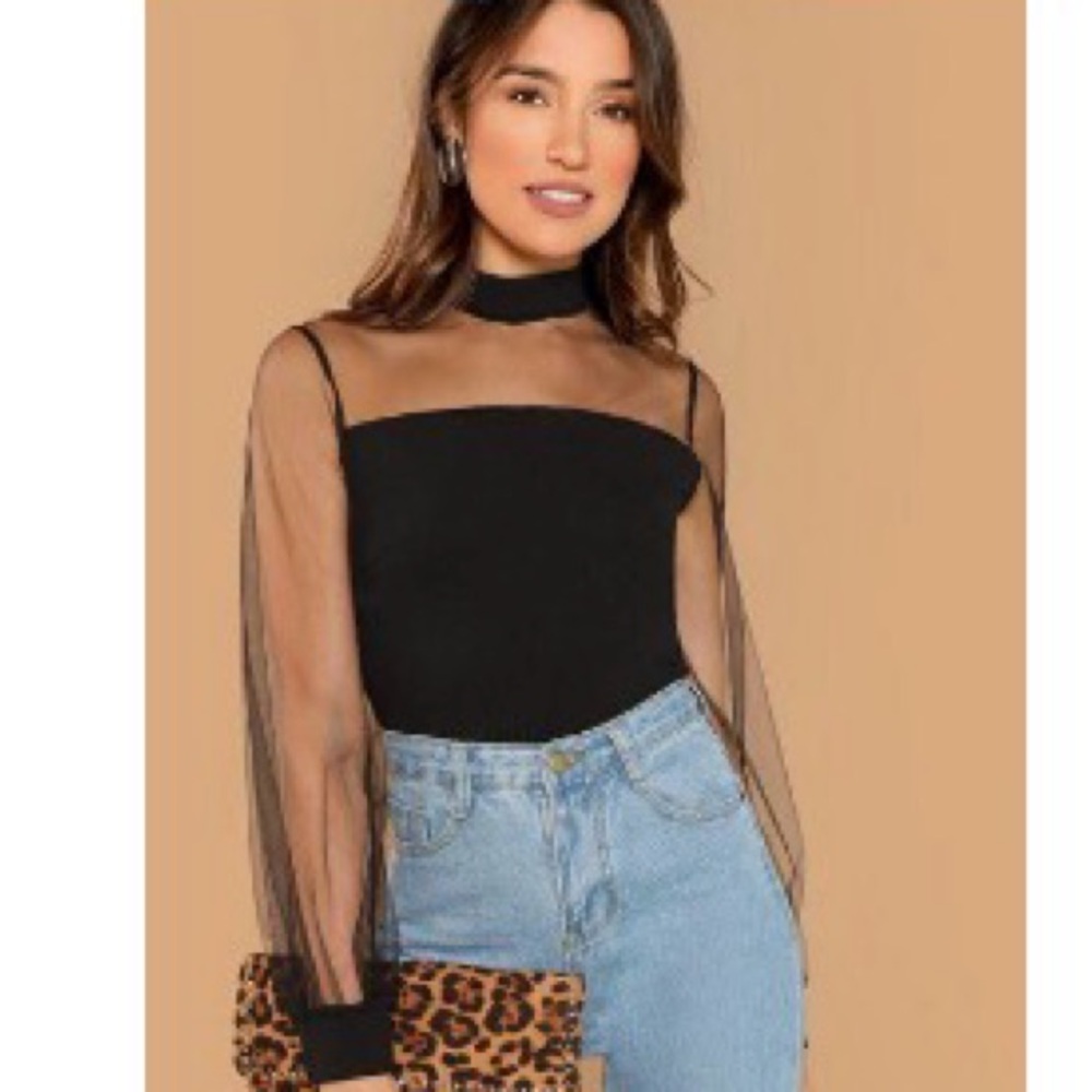 SHEIN Black Sheer Sleeve Blouse